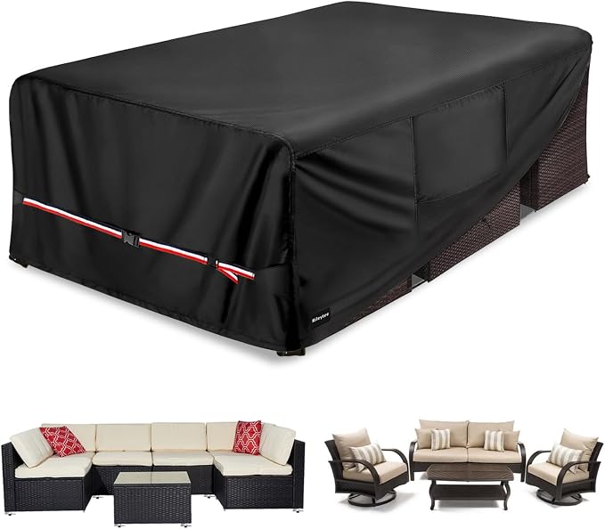 Rectangular Patio Furniture Covers,Upgraded 600D Heavy Duty Outdoor Furniture Covers Waterproof,Outdoor Sectional Dining Table and Chairs General Purpose Furniture Set Cover,111"L × 74"W × 28"H,Black by Rileytee