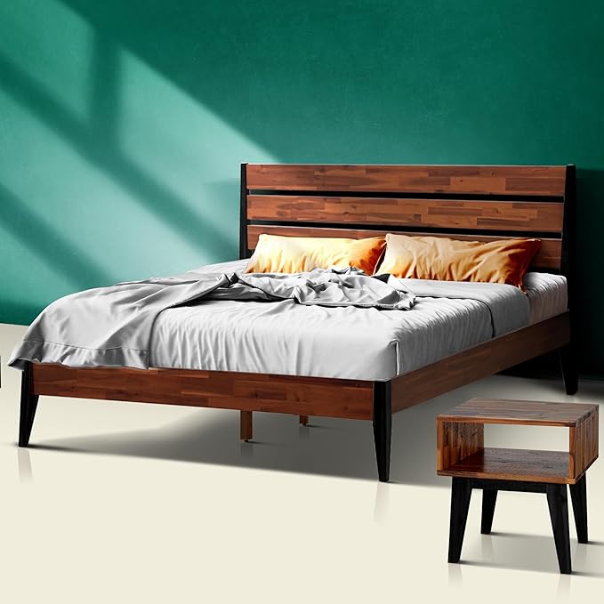 Acacia Emery Queen Solid Wood Platform Bed Frame with Headboard – Gift Matching Nightstand Included, Farmhouse Mid-Century Modern, Americano Finish, Sturdy, No Box Spring Needed, Easy Assembly