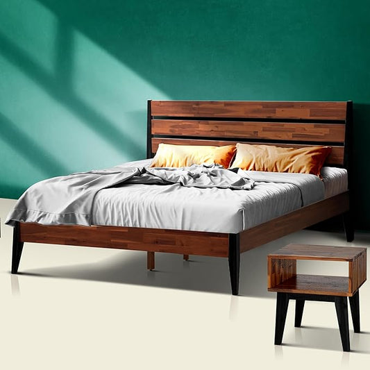 Acacia Emery Queen Solid Wood Platform Bed Frame with Headboard – Gift Matching Nightstand Included, Farmhouse Mid-Century Modern, Americano Finish, Sturdy, No Box Spring Needed, Easy Assembly