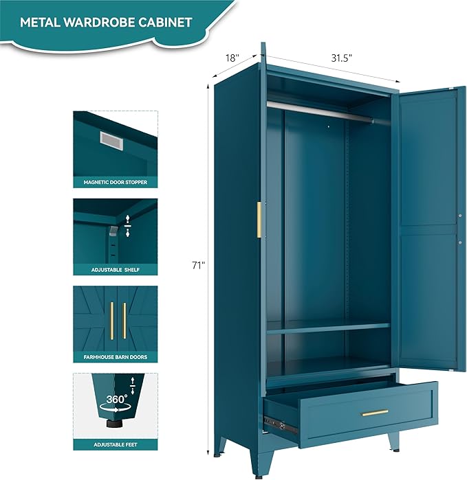 Blue Metal Wardrobe Closet for Bedroom, 71" Freestanding Armoire Wardrobe with Drawer and Shelf, Hanging Rod Clothing Storage Cabinet with Two Doors, Tall Farmhouse Clothes Cabinet Bedroom Armoires