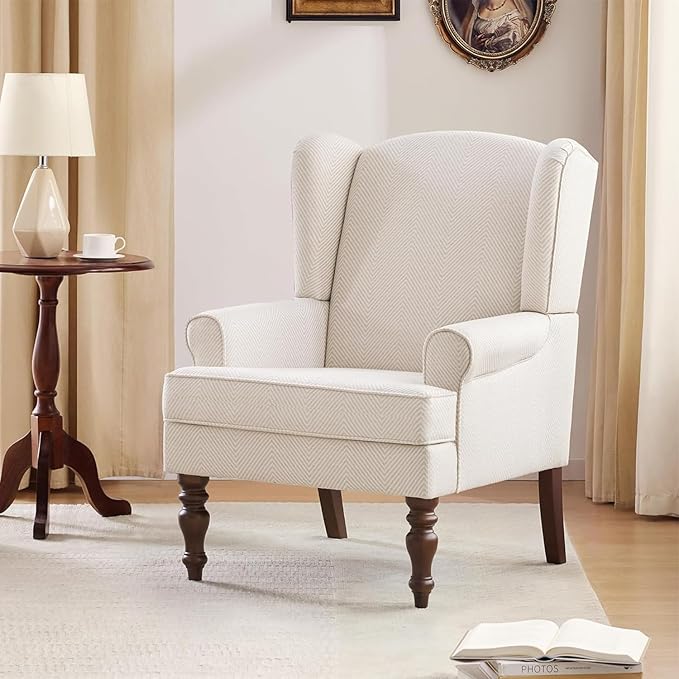 HUIMO Printed Wingback Accent Chair, Linen Upholstered High Back Armchair, Comfy Reading Chair for Living Room Bedroom Study, 300lbs Weight Capacity (1, Tan with Lines)