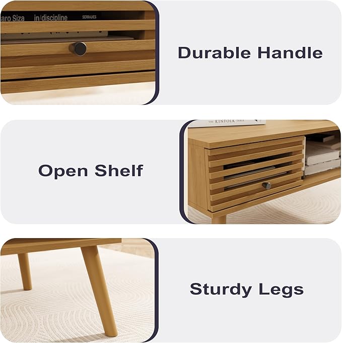 Mid Century Modern Coffee Table, CoffeeTable with Storage, Living Room Center Table with Slatted Panel Drawer, Fluted Wood Coffee Table with Open Shelf for Living Room, Oak