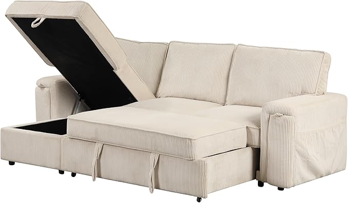 Modern Reversible Sleeper Sectional Sofa W/Pull Out Couch Bed and Large Capacity Storage Chaise, L-Shaped Corduroy Upholstered Sofa&Couch Convertible Sofabed with Hidden Cupholders for Living Room