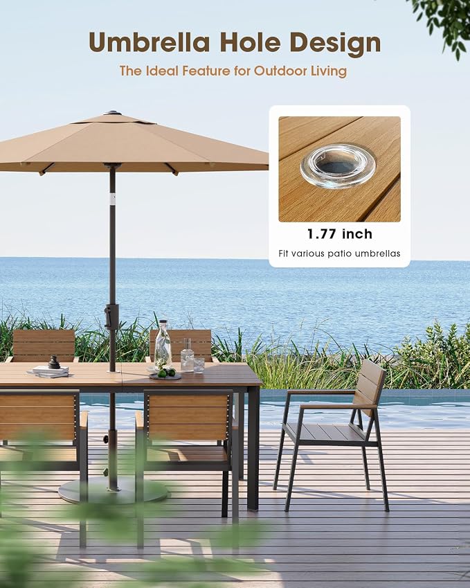 Outdoor Dining Set for 4, Aluminum Patio HDPS Outdooor Table and Chairs Set with Umbrella Hole, All Weather Patio Furniture Set, 5 Peice Patio Dining Table Set (Gray & Teak) - Image 5