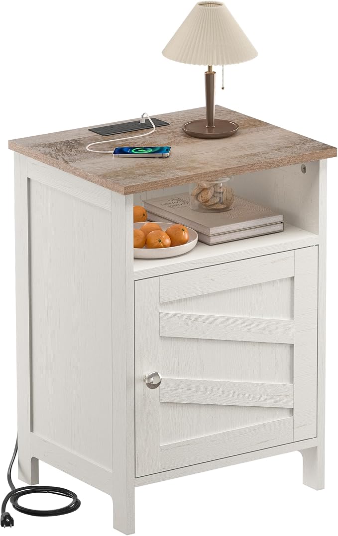 Nightstand with Charging Station, Farmhouse Night Stand Bedside Table with Open Shelf & Enclosed Cabinet, Wooden End Table with USB Ports & Outlets for Bedroom by TimelessWarmth