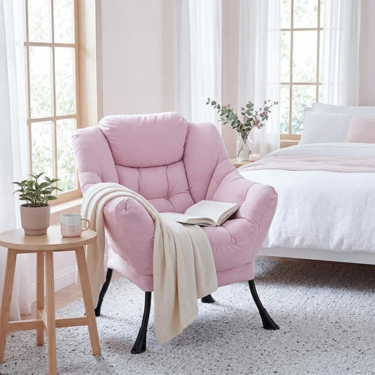 TLSUNNY Lazy Chair, Modern Comfy Lounge Accent Chair, Large Sofa Armchair with a Side Pocket, Leisure Reading Chair for Bedroom, Living Room, Dorm (1) (Pink)