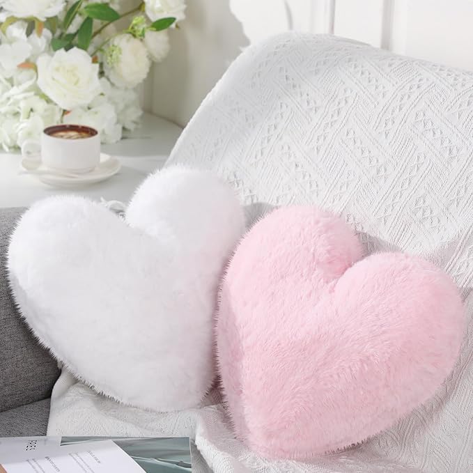 Marsui 2 Pcs Heart Throw Pillows, Soft Fluffy Faux Fur Decorative Hearts Shaped Pillows for Living Room Sofa Bed, Cute Heart Themed Gift for Women(Shrimp Pink, White,11.81 x 11.02 Inch)