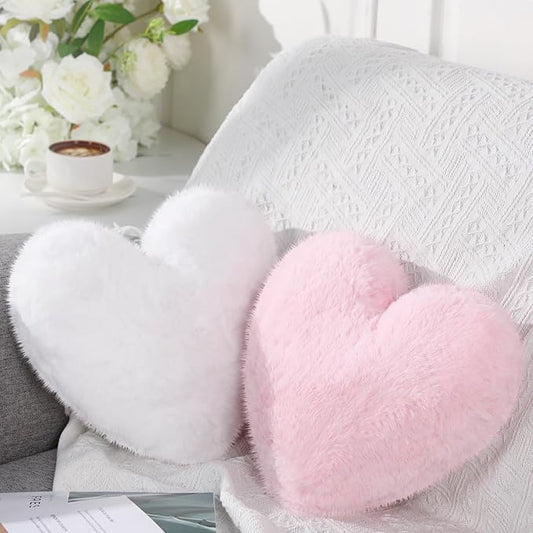 Marsui 2 Pcs Heart Throw Pillows, Soft Fluffy Faux Fur Decorative Hearts Shaped Pillows for Living Room Sofa Bed, Cute Heart Themed Gift for Women(Shrimp Pink, White,11.81 x 11.02 Inch)
