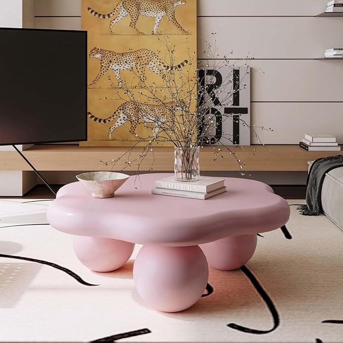 35" Modern Coffee Table Petal Shape Low Center Table Cute Irregular Indoor Tea Table with 3 Ball Legs for Living Room Apartment