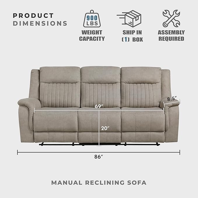 Lexicon Manual Double Reclining Sofa, Polished Microfiber Upholstered 3 Seater Manual Sofa Recliner for Living Room, Wall Hugger, Easy Assembly, Dove