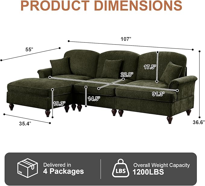 Rovibek 107” L Shaped Couch, Chenille Midcentury Modern Sofa with Detachable Ruffle Hem, Sectional Couches for Living Room with Throw Pillows & Ottoman, Green