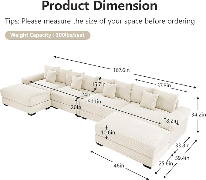 KEIKI 168" U-Shaped Oversized Corduroy Modular Cloud Sectional Sofa with 2 Ottoman, High-Density Foam Cushion, Extra-Thick Armrest, 4-Seater Fluffy Corner Couch with 12 Pillow, for Living Room, Beige
