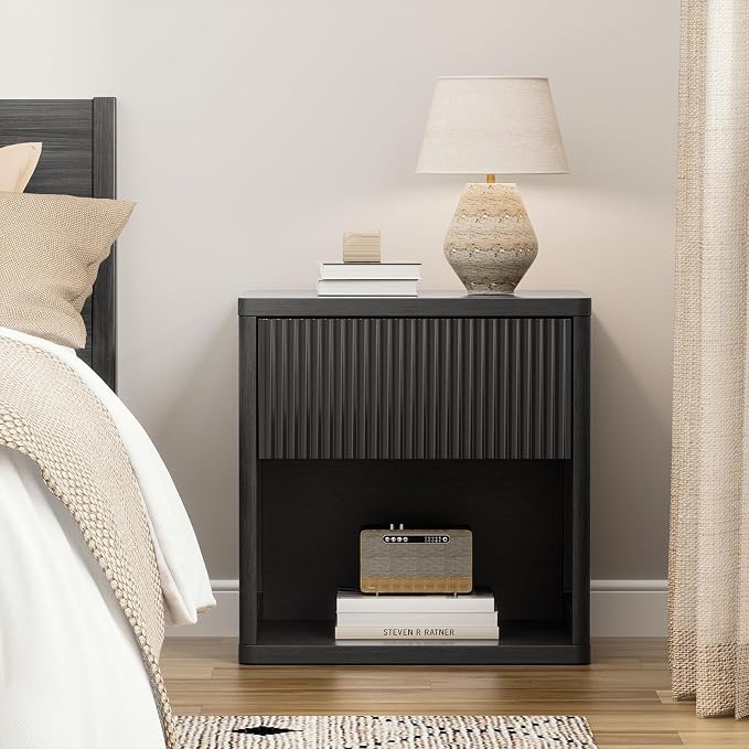 XIAO WEI Set of 2 Black Fluted Nightstands with Hidden Drawer, 22.8" Wide Mid Century Modern Bedside Table with Open Shelf, Large Accent End Table, Curved Profile Design - Image 2