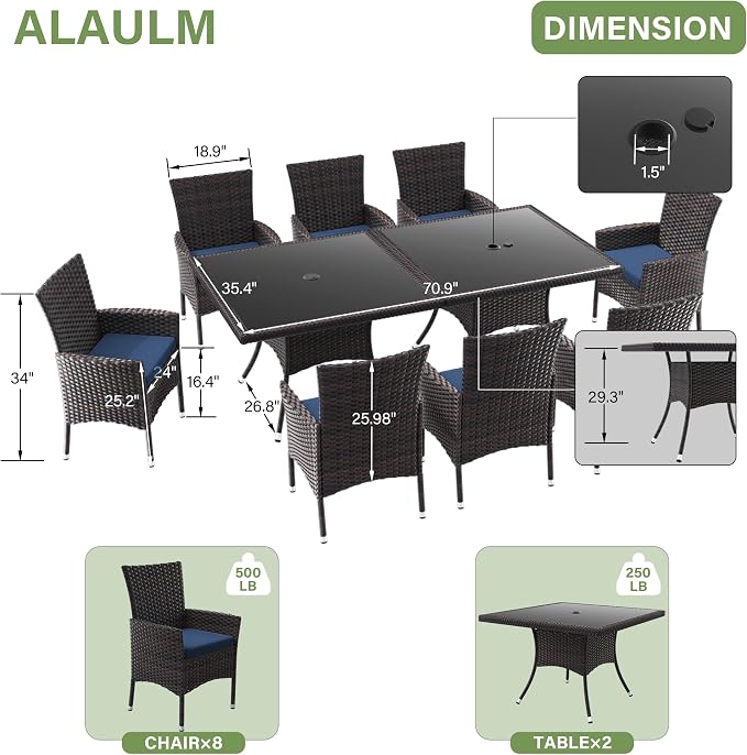 ALAULM 10 Piece Patio Dining Set All-Weather Wicker Outdoor Dining Table and Chairs w/Tempered Glass Tabletop, Removable Cushions and Umbrella Hole for Patio, Backyard, Garden, Poolside -DarkBu - Image 6