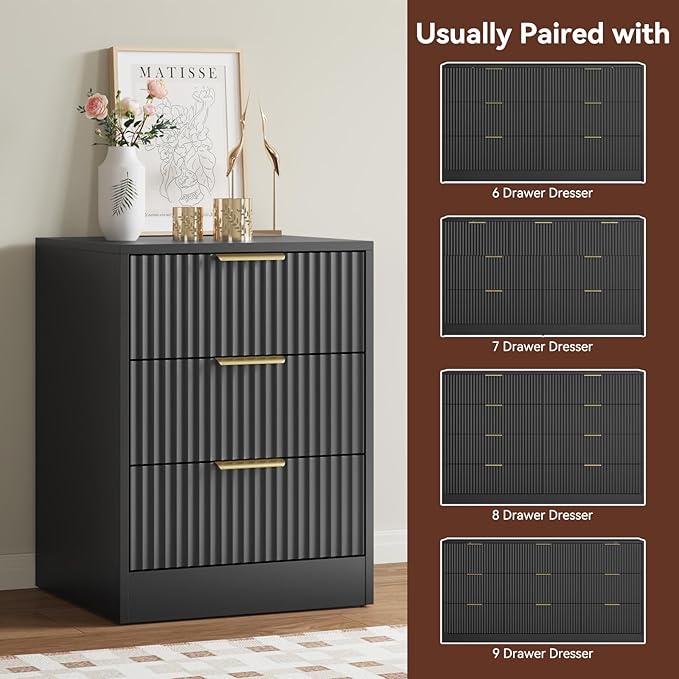 7 Drawer Dresser & Nightstand Set, 3-Piece Black Bedroom Dressers and Night Stand Set of 2 with Metal Handle, Fluted Modern Wood Chest of Drawers Storage Dressers Set for Bedroom, Black