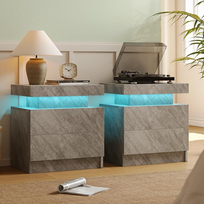 Cubehom Nightstands Set of 2, Bedside Tables with LED Lights, Night Stands with 2 Wood Drawers, End Tables Set of 2 for Living Room/Bedroom by Cubehom