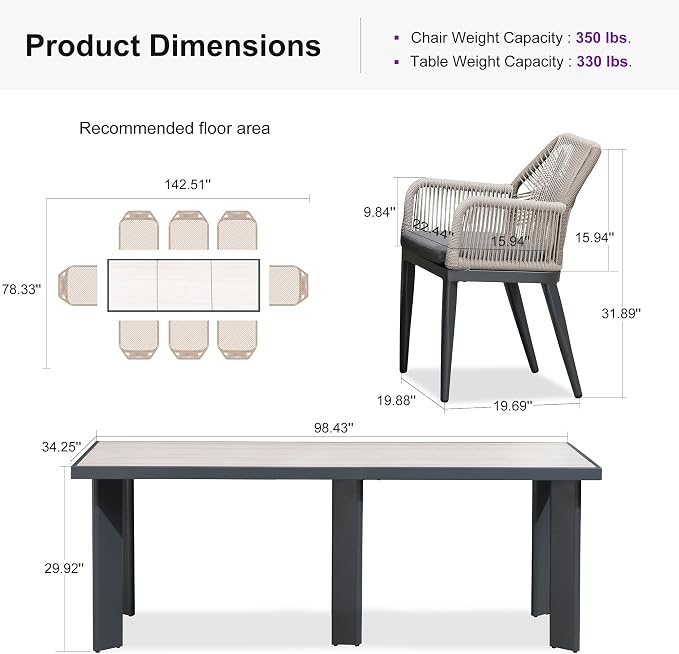 PURPLE LEAF 9 Pieces Patio Dining Set Aluminum Modern Rectangular Table and Rattan Arm Chairs with Cushions for Kitchen Porch Garden Outdoor Furniture Sets, Beige and Dark Grey - Image 9