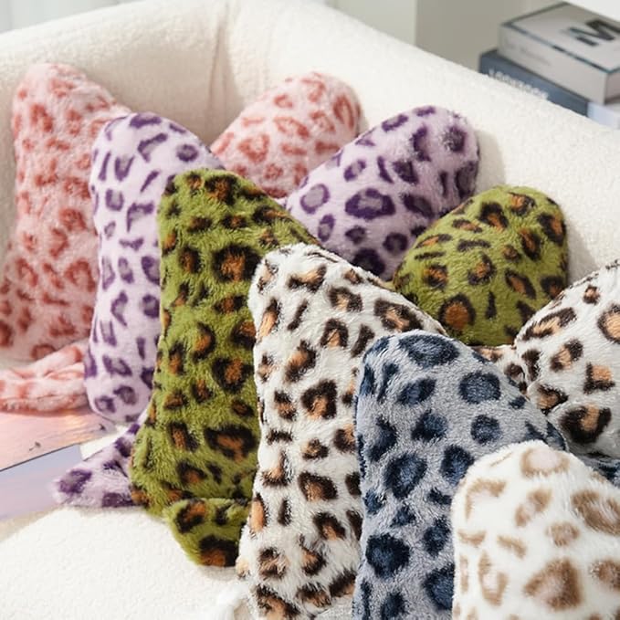 2Pcs Leopard Print Bow Throw Pillow Furry Bow Plush Pillows Cute Flower Plush Pillow Cheetah Home Decor Stuffed Bow Lumbar Pillow for Bed Couch Living Room Decor (Green, 16in)