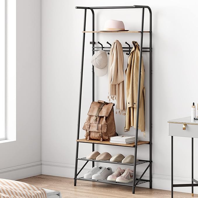 IDEALHOUSE Coat Rack Shoe Bench with 5 Hooks, Hall Trees Entryway Bench with Storage, Multifunctional Hallway Organizer, Wood Look Accent Furniture with Metal Frame for Entryway, Living Room, Bedroom - Image 7