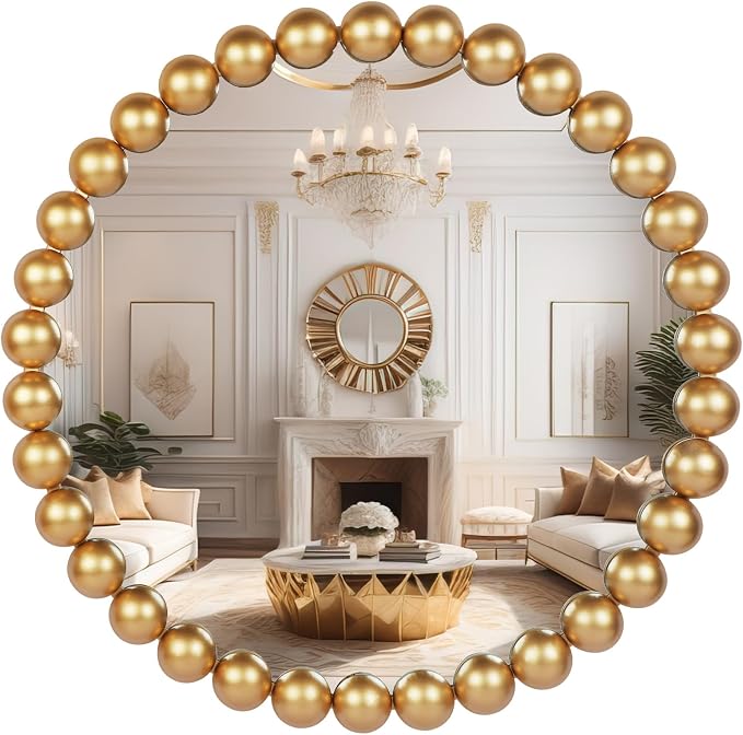 24 Inch Round Gold Wall Mirror Decorative Wall Mounted Mirror with Wood Beads – Decorative Circle Beaded Mirror for Bathroom, Living Room, Entryway, Bedroom, and Modern Farmhouse Wall Decor (Gold) by Unknown