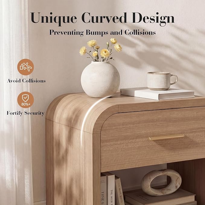 Night Stand Set of 2 [Unique Curved Profile] [FSC-Certified Wooden Board] 1-Drawer and 1 Storage Shelf Nightstand 24" H Metal Handle Modern Bedside Table Side Table End Table for Bedroom - Image 4