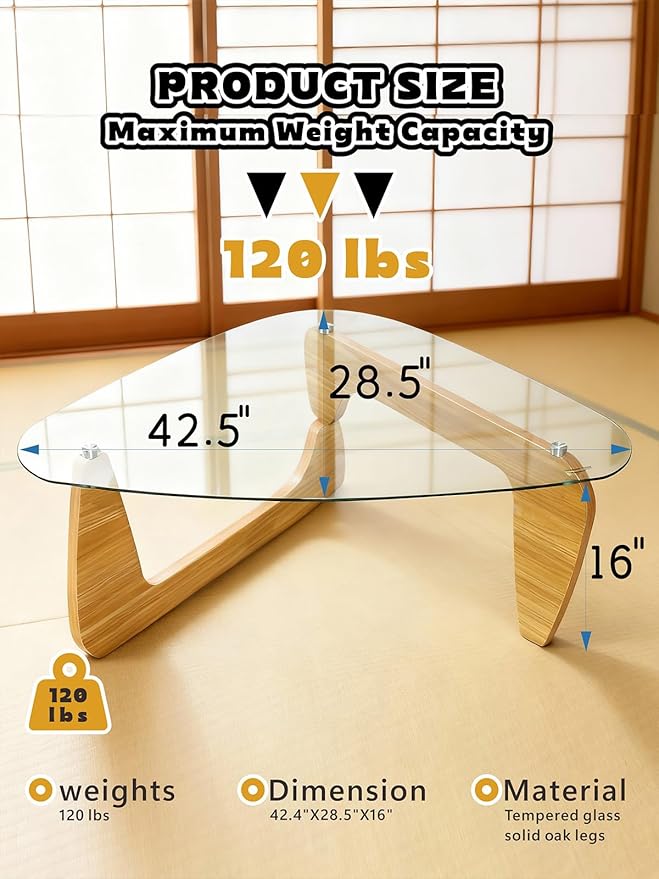 Morden Coffee Table,Glass Coffee Table with Natural Wood Legs,42.5" x 28.5" x 16" Triangle Tempered Glass Top for Living Room, Walnut