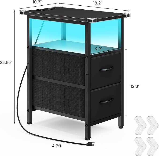 Vagusicc Black Nightstand with Charging Station and LED Lights, Narrow Side Table, LED Night Stand with 2 Fabric Drawers, Bedside Table with USB Ports and Outlets, Tall Nightstand for Bedroom, Black - Image 3