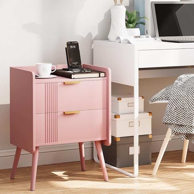 Aenuert Nightstand Modern Bedside Table with 2 Storage Drawer, Small Night Stand, Wooden Sofa Side Table for Bedroom,Study Room and Small Spaces (Pink) - Image 4
