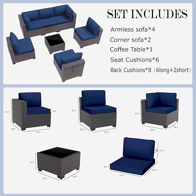 Gotland 7 Pieces Patio Furniture Set with 4’’ Thick Cushions, All-Weather PE Rattan Patio Set with 29.5'' High Backrest, Outdoor Furniture with Coffee Table for Porch Deck Garden Navy