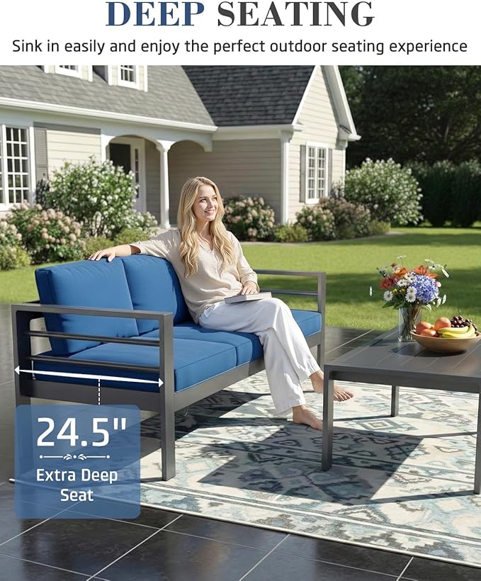 AECOJOY Aluminum Patio Furniture Armchair with Ottoman, Set of 2, Modern Outdoor Furniture with Washable 5 inch Thick Cushion, Blue