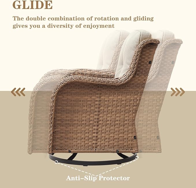 Wicker Patio Furniture Set: 8 Piece Outdoor Conversation Sets with 4 Swivel Rocker Chairs, Patio Couch, Rattan Ottomans and Coffee Table for Porch Balcony Garden, Yellow/Beige