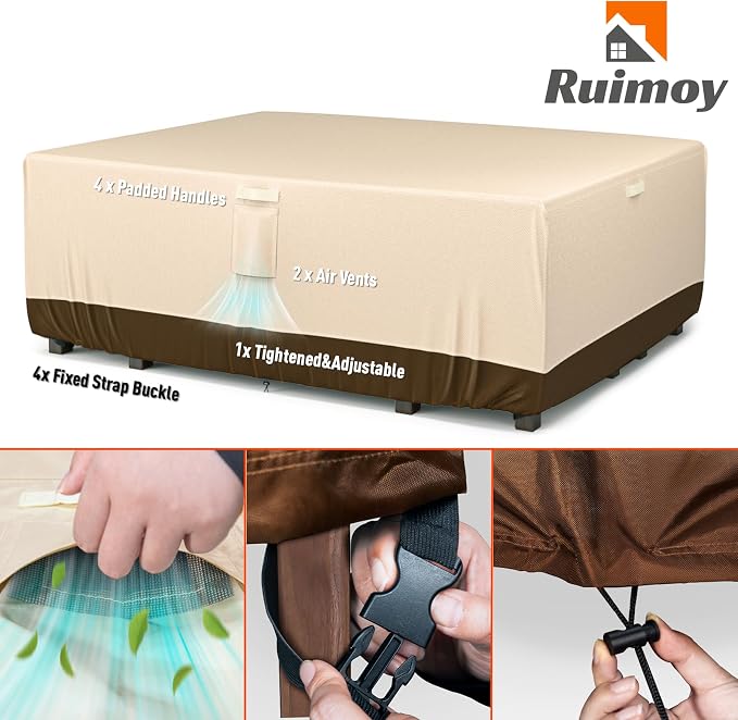 Ruimoy Patio Furniture Covers, Outdoor Furniture Cover Waterproof, General Purpose, Outside Table and Chair Covers, Heavy Duty 600D (98 Inch L x 78 Inch W x 32 Inch H)-Brown - Image 5