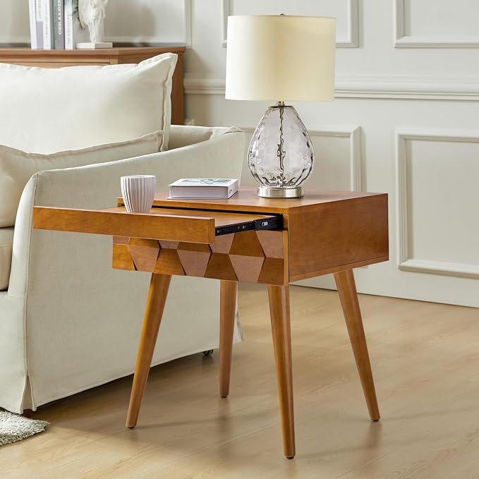 HULALA Home End Table with Charging Station, Side Table with Drawer and Pull-Out Shelf, Nightstand Bedside Table with USB Ports and Outlets, Acorn by HULALAHOME