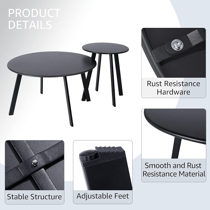 Meluvici Outdoor Patio Coffee Table Set of 2, Weather Resistant End Table, Round Nesting Tables for Living Room Balcony Office,Black - Image 5