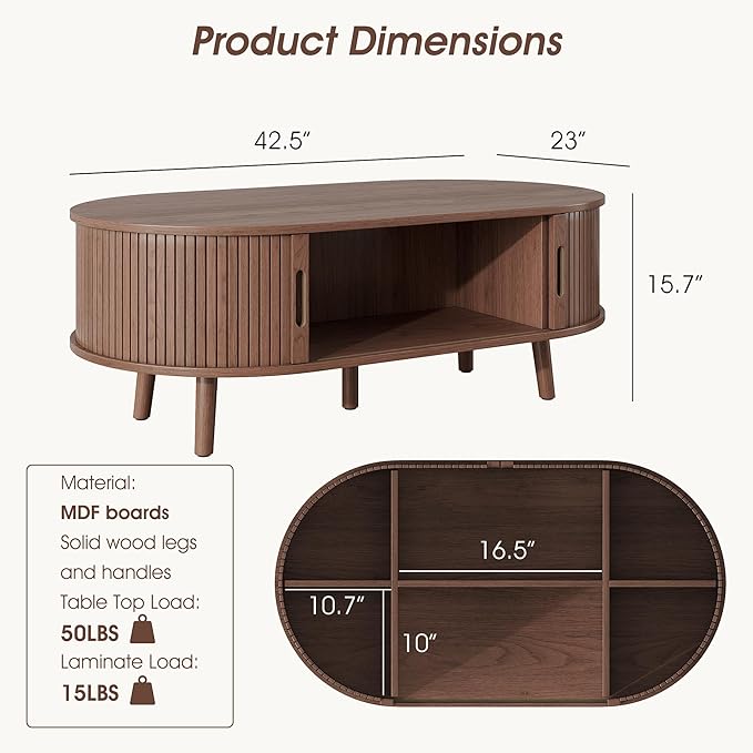 Alohappy Oval Coffee Table, Mid Century Modern Coffee Table with Sliding Tambour Door, Fluted Center Table with Hidden Storage, Curved Profile Dining Table for Living Room, Home Office,Walnut