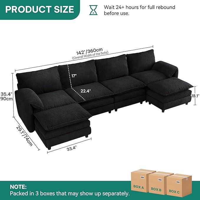 DWVO 142" Modular Sectional Sofa, Modern U Shaped Couch with Movable Ottoman, Pillow-Armrest, Velvet 6 Deep Seat Cloud Couch for Living Room, Black
