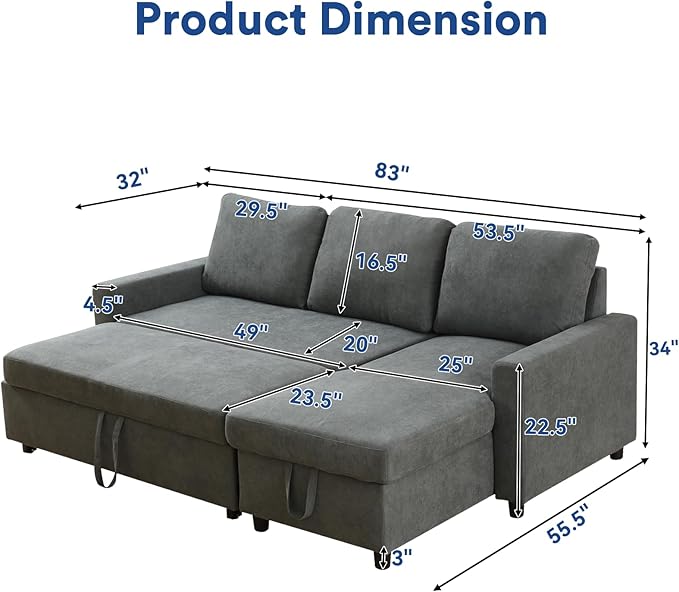 Rovibek 83" Convertible Sofa Bed Couch with Storage - 4 in 1 L Shaped Sofa with Pull Out Couch Bed for Living Room, Apartment, Office, Small Spaces, Grey