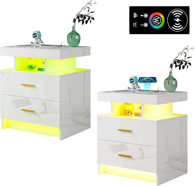 WOOVIVS Night Stand Set 2 with USB/Type-C/Wireless Charging Station, White Nightstands with RGB Auto LED Lights, Modern Bedside Table Set of 2 with 2 Drawers for Bedroom Furniture by WOOVIVS