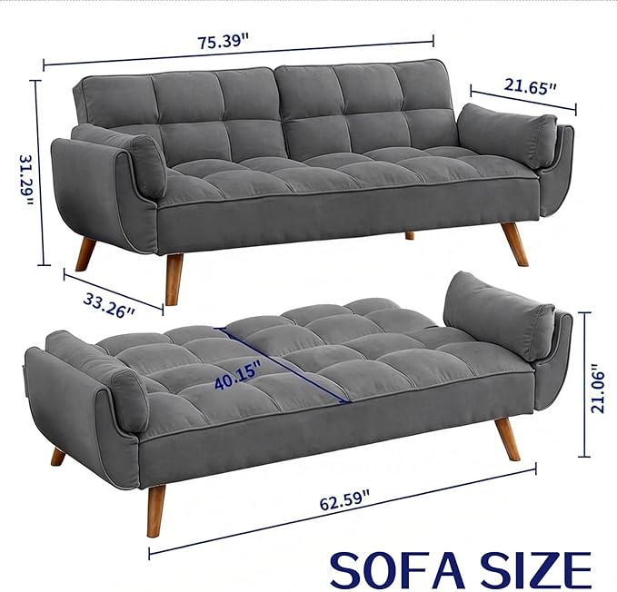 Convertible Futon Sofa Bed, Modern Futon Couch with 2 Pillows, Small Futons Couch with Adjustable Armrest & Backrest, Loveseat Sofa Bed for Living Room, Bedroom, Dark Gray