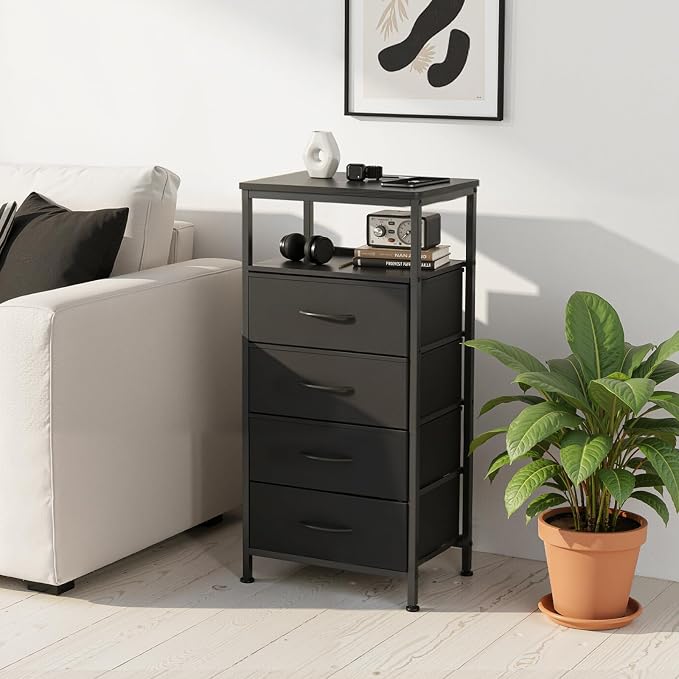 OLIXIS Nightstand with Charging Station, 4-Drawer Bedside Table with USB Ports & Type-C, Bedroom Night Stand with Fabric Drawers and Open Shelf, Tall Narrow End Table for Small Bedroom, Black - Image 8