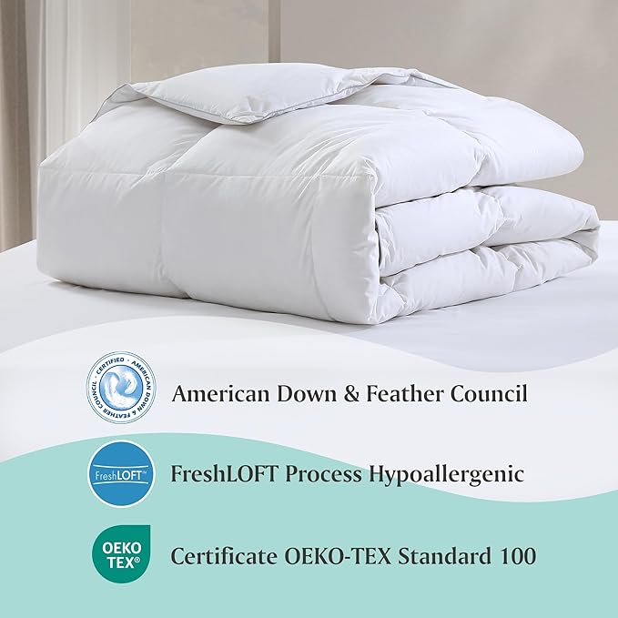 Martha Stewart White Goose Down and Feather Comforter King Size - All Season Warmth Fluffy Duvet Insert with Corner Tabs - Bedding Comforter with 100% Cotton Cover - 106 x 90 Inch