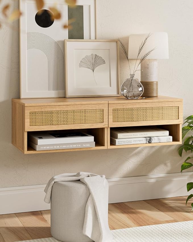 Floating Nightstand, Small Modern Floating Nightstand with Drawer, Floating Shelves for Bedroom, Bathroom (Oak Rattan) - Image 7