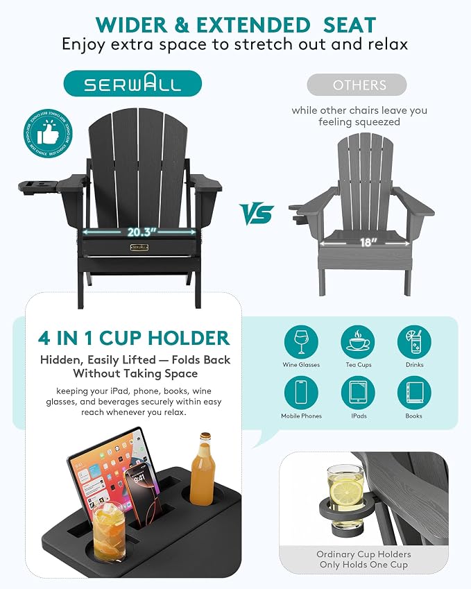 SERWALL Folding Adirondack Chair, Patio Adirondack Chairs with 4 in 1 Cup Holder Trays, All Weather Fire Pit Chair for Outdoor, Garden - Black - Image 5