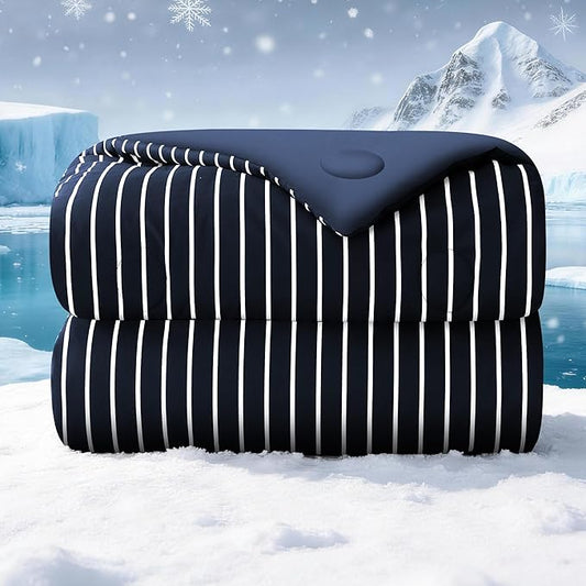 Pinstripe Cooling Comforter King Size, Q-Max 0.45 Reversible Striped Cooling Blanket for Hot Sleepers, Breathable Lightweight Silk Smooth Summer Bedding, Quilted Ice Blanket, Navy Blue