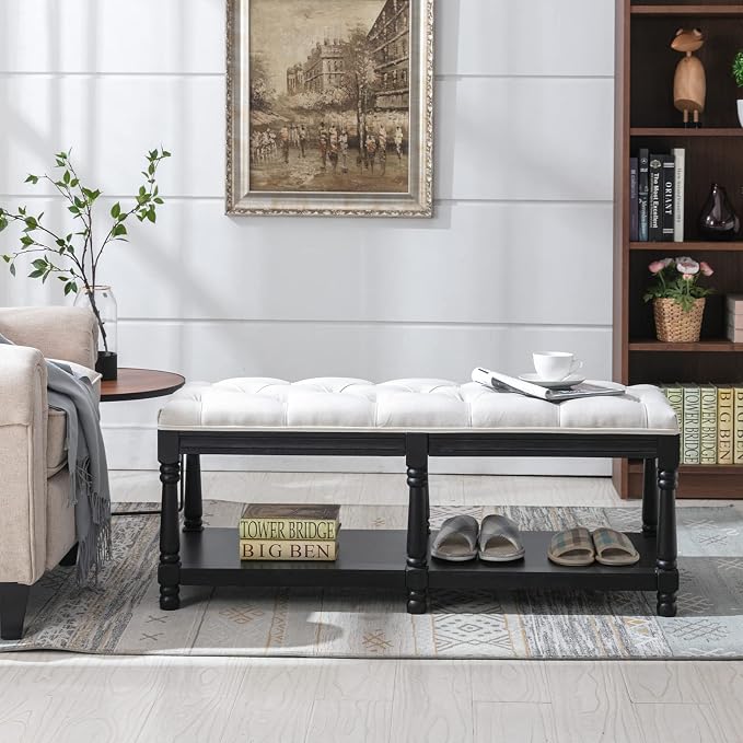 Farmhouse Storage Bench Wooden Entryway Linen Upholstered Ottoman Button Tufted Bench with Black Legs for Bedroom End of Bed Hallway Organizer, Beige, 45 Inch - Image 4
