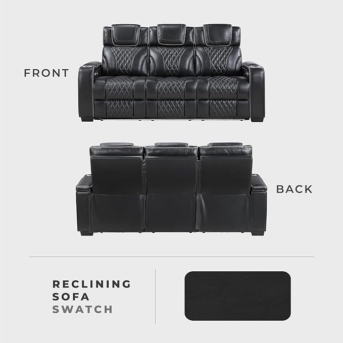 Lexicon Power Double Reclining Sofa, Center Drop-Down Table with Heat/Massage/Headrest/Storage Arms/Cup Holders/LED Lights/Wireless Charging, Top Grain Leather Match Wall Hugger Recliner Sofa, Black