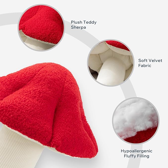 Phantoscope Mushroom Shaped Throw Pillow, Teddy Fleece Soft Mushroom Decorative Pillows Cute 3D Shaped Cushion for Couch Sofa Bed Chair, Red,16 x 14 inches
