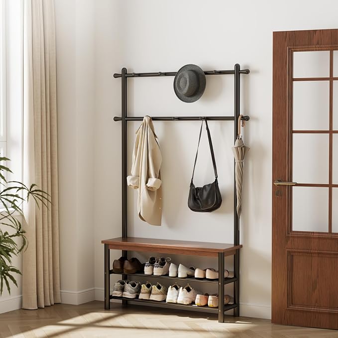 Coat Rack with Shoe Storage, Wood and Metal Frame, Entryway Hall Tree with Bench, Featuring 11 Hooks and 2-Tier Storage Shelves, 3-in-1, Entry Bench with Coat Rack (39.4" Walnut) by YQJJGL