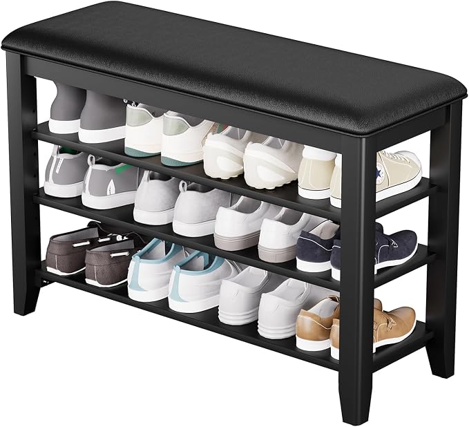 Entryway Shoe Storage Bench with Leather Cushion, Shoe Organizer Bench for Entryway, Ideal for Hallways Front Doors Entrances Mudrooms Featuring Rubberwood And 3 Height-Adjustable & Removable Shelve by Taitiy