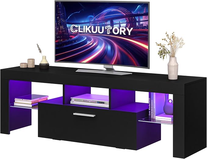 Clikuutory Modern Lighting 51 inch TV Stand with Large Storage Drawer for 32 40 50 55 Inch TVs, TV Console with 20 Color LED Lights, Entertainment Center Media and Open Shelf for Bedroom, Black by Turnyourhouseintoahome
